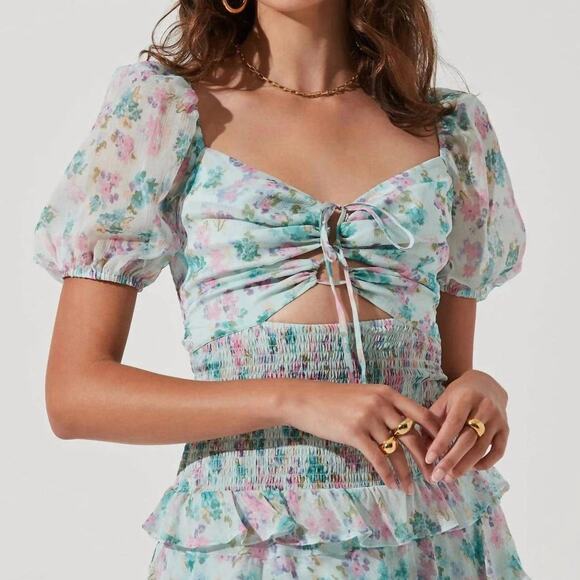 New ASTR Garland Floral Front Cutout Puff Sleeve Mini Dress in Mint Size M - Picture 2 of 16